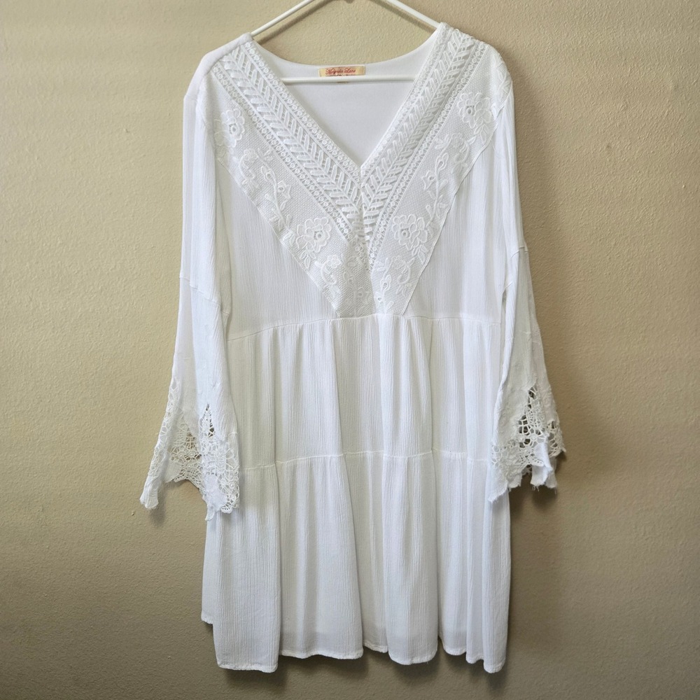 Magnolia Lane White Lace V-Neck Tiered Boho Mini Dress XL Long Sleeve Crinkle
